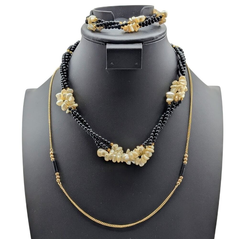 3 Piece Lot--Two Vintage Black Bead Gold Tone Necklaces & One Matching Bracelet